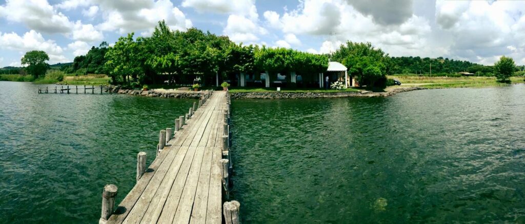 Pontile di legno su lago con vegetazione rigogliosa.