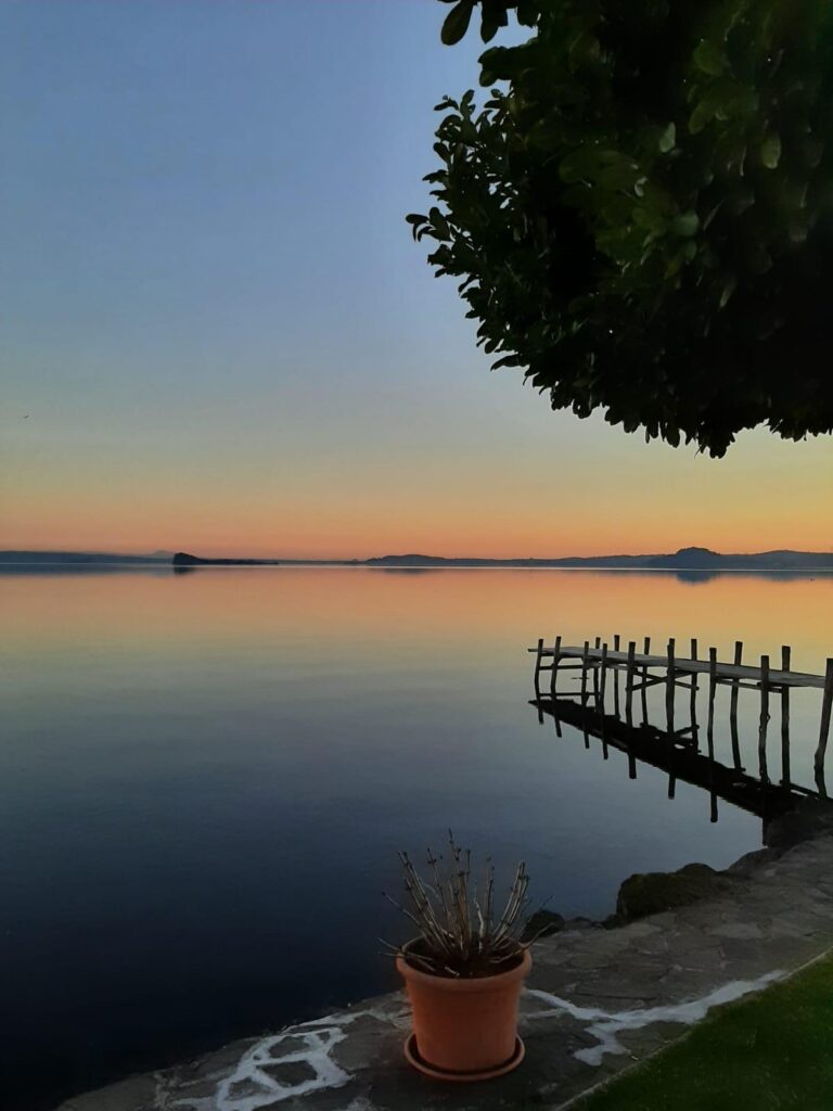 Tramonto su lago con molo e vaso di fiori.