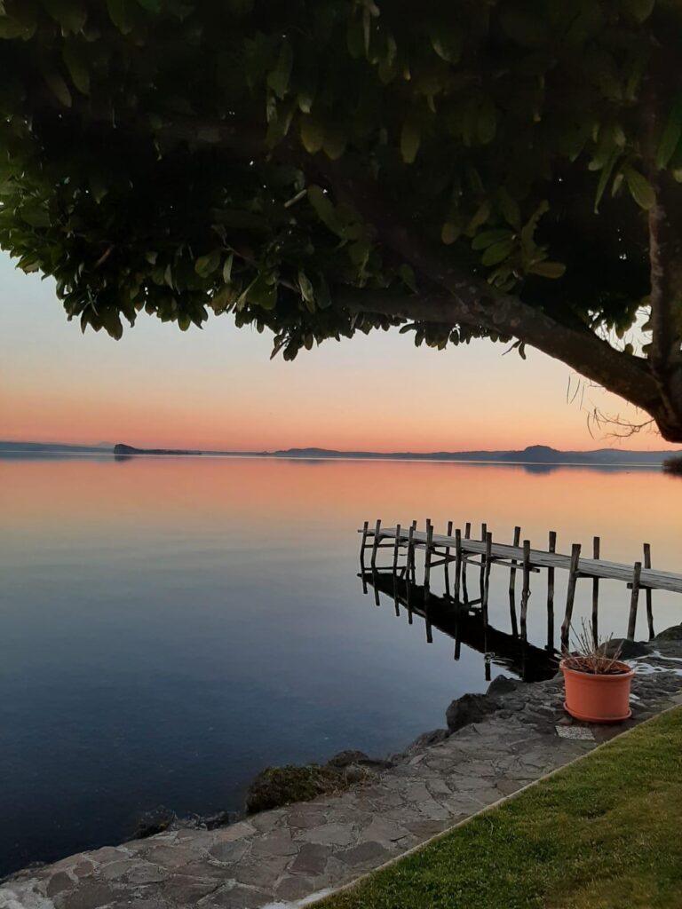 Tramonto su lago con molo e albero in primo piano.