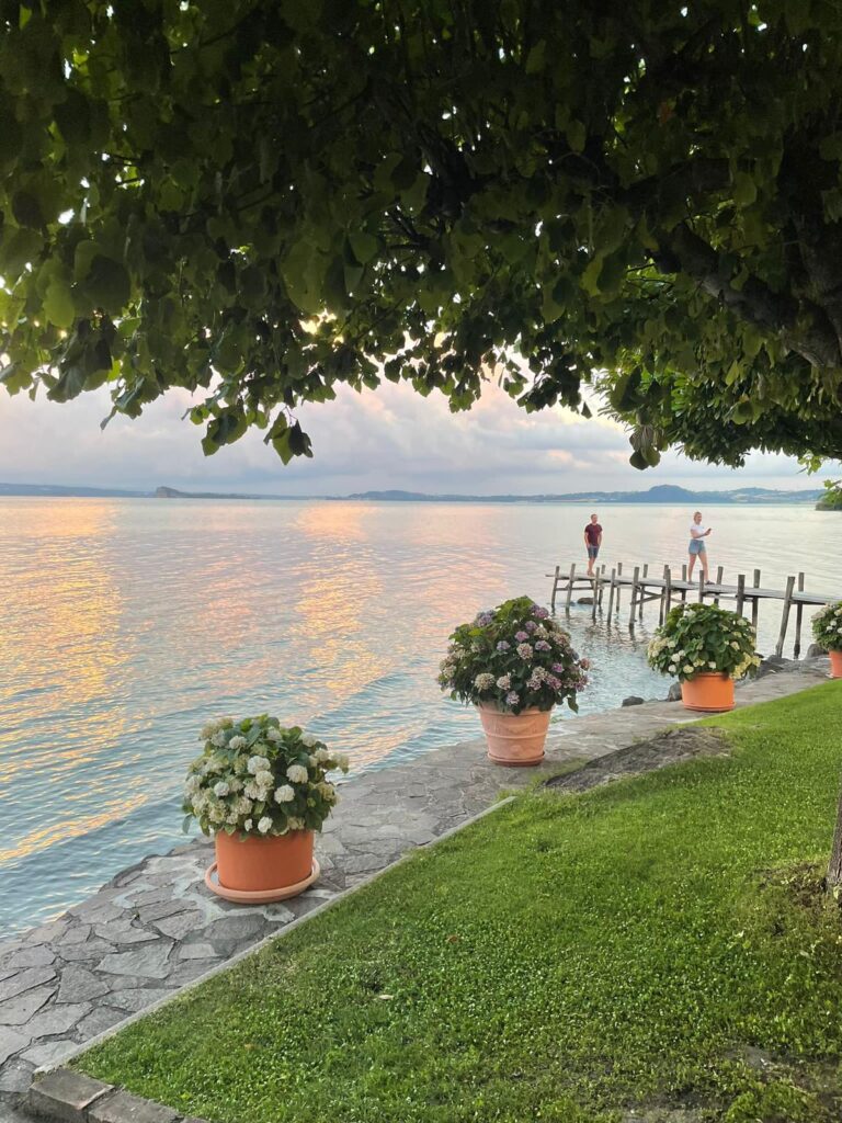 Lago al tramonto con molo e piante fiorite.