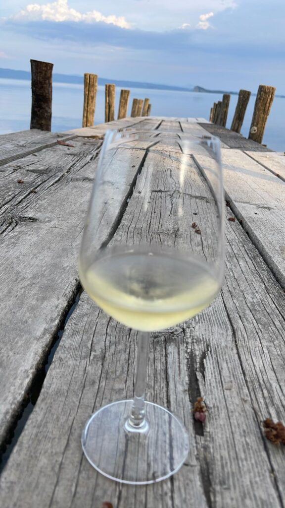 Bicchiere di vino bianco su molo di legno.